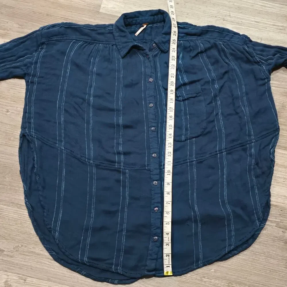 Free People Blue Striped Cozy Nights Oversized Button Up Long Sleeve Tunic Shirt - Picture 9 of 10